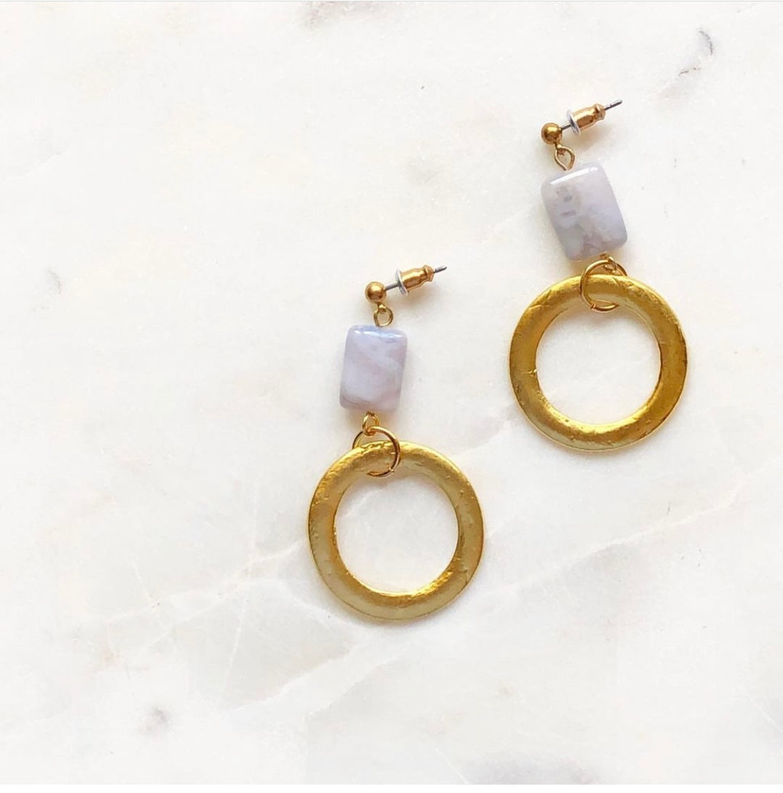 Chalcedony and Gold hoop drop earrings